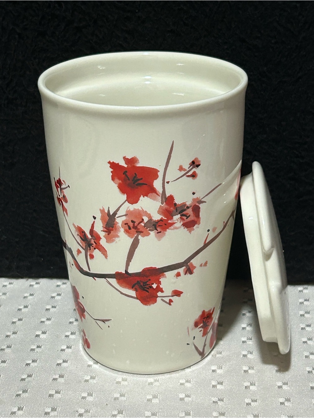 Tea Forte Tea Cup Mug Lid White Red Spring Blossoms 12oz